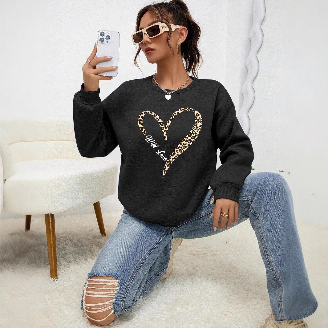 Leopard Wild Heart Pattern Print Female Sweatshirt Set Fur-L