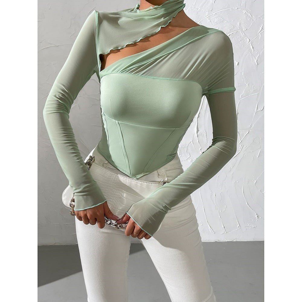 Europe And America's New Slim Fitting T-shirt Women's Mesh Splicing Hollow