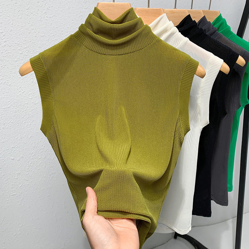Ladies New Turtleneck Grenadine Solid Color Waist Tight Sleeveless Top