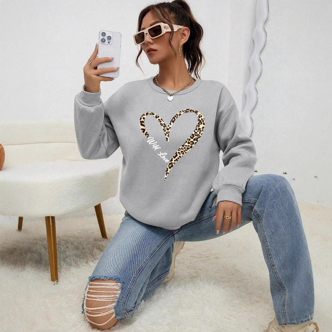 Leopard Wild Heart Pattern Print Female Sweatshirt Set Fur-L