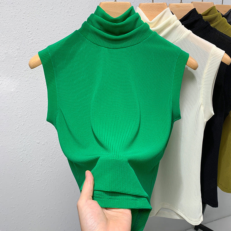 Ladies New Turtleneck Grenadine Solid Color Waist Tight Sleeveless Top