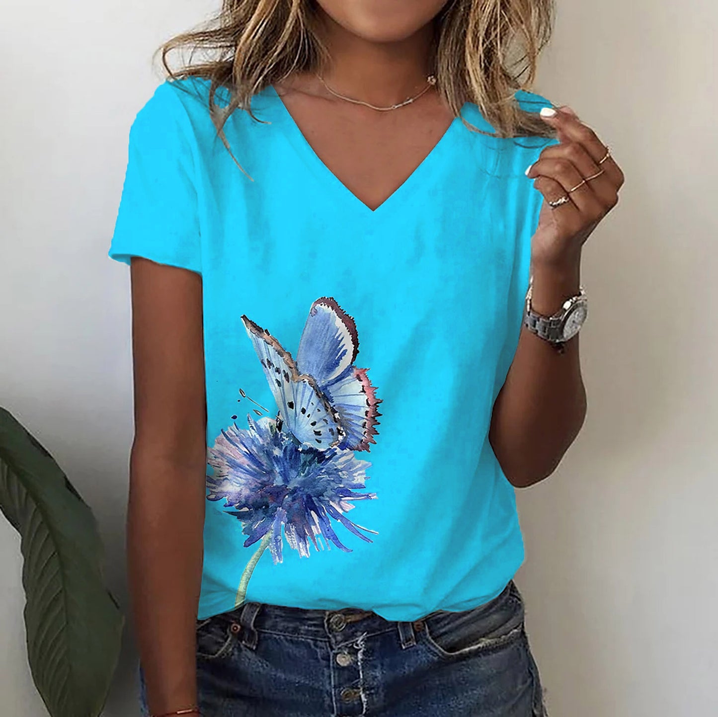 Fashion Butterfly Print Amazon V-neck Short Sleeve