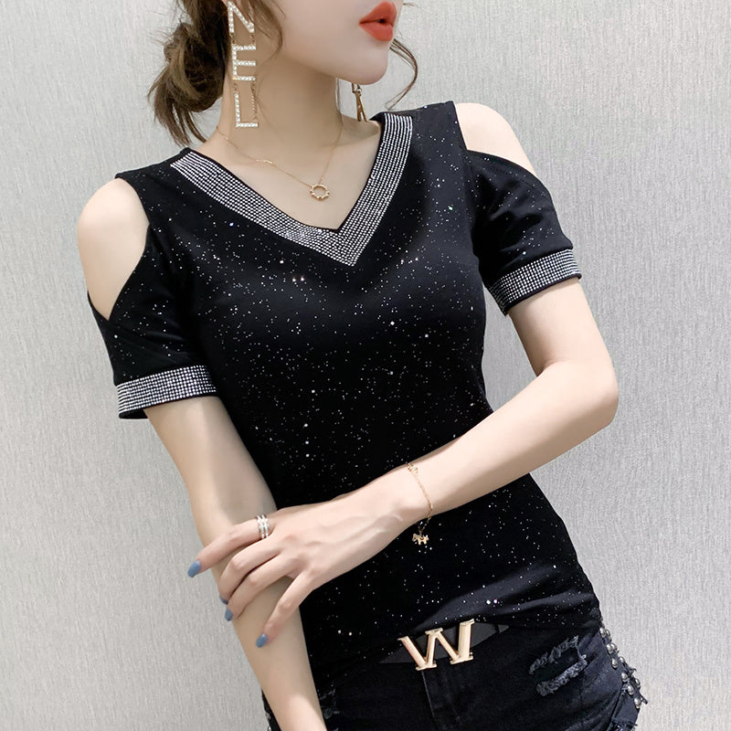T-shirt sexy off shoulder shiny v-neck diamond
