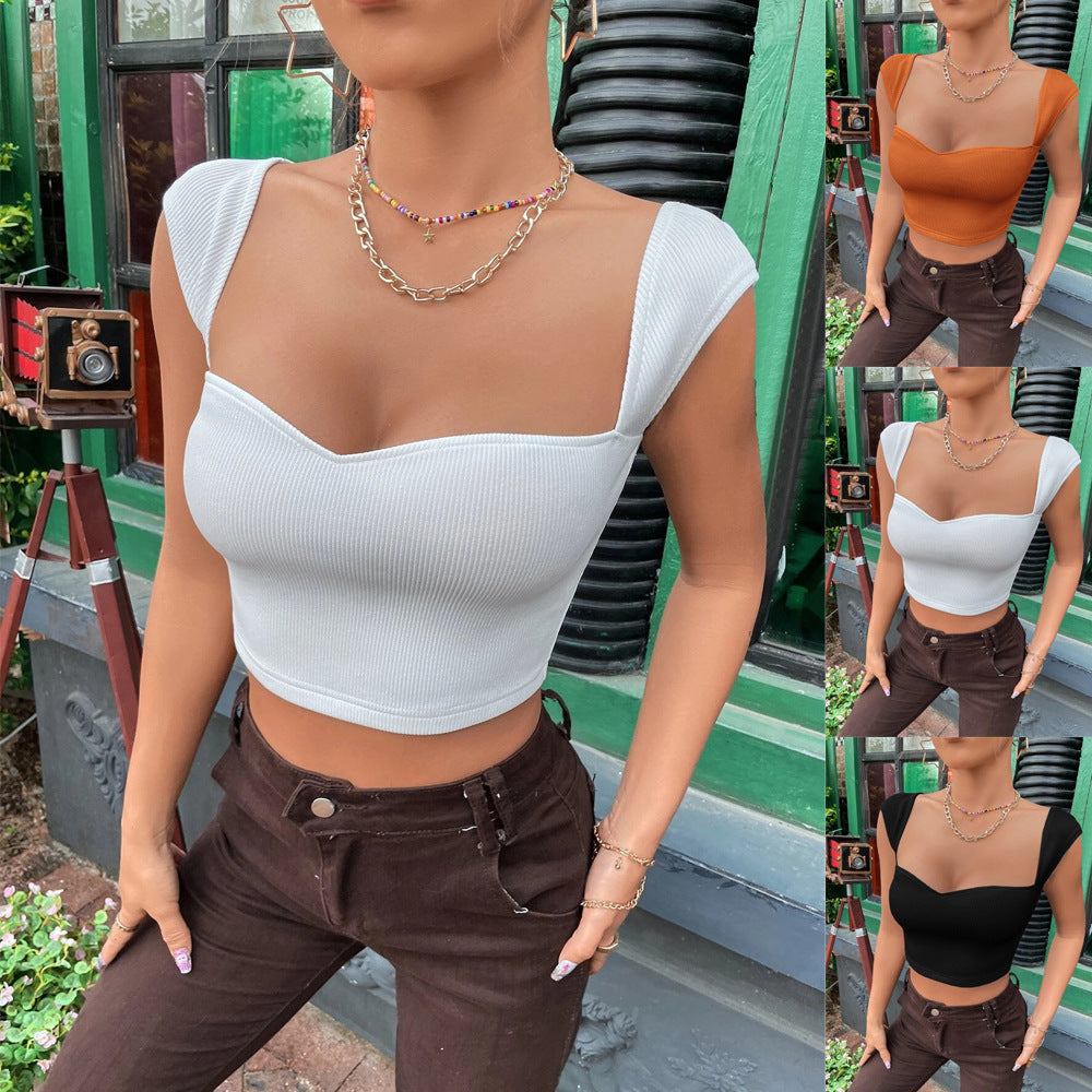 Square Neck Ultra Short Sleeveless T-shirt Vest Top