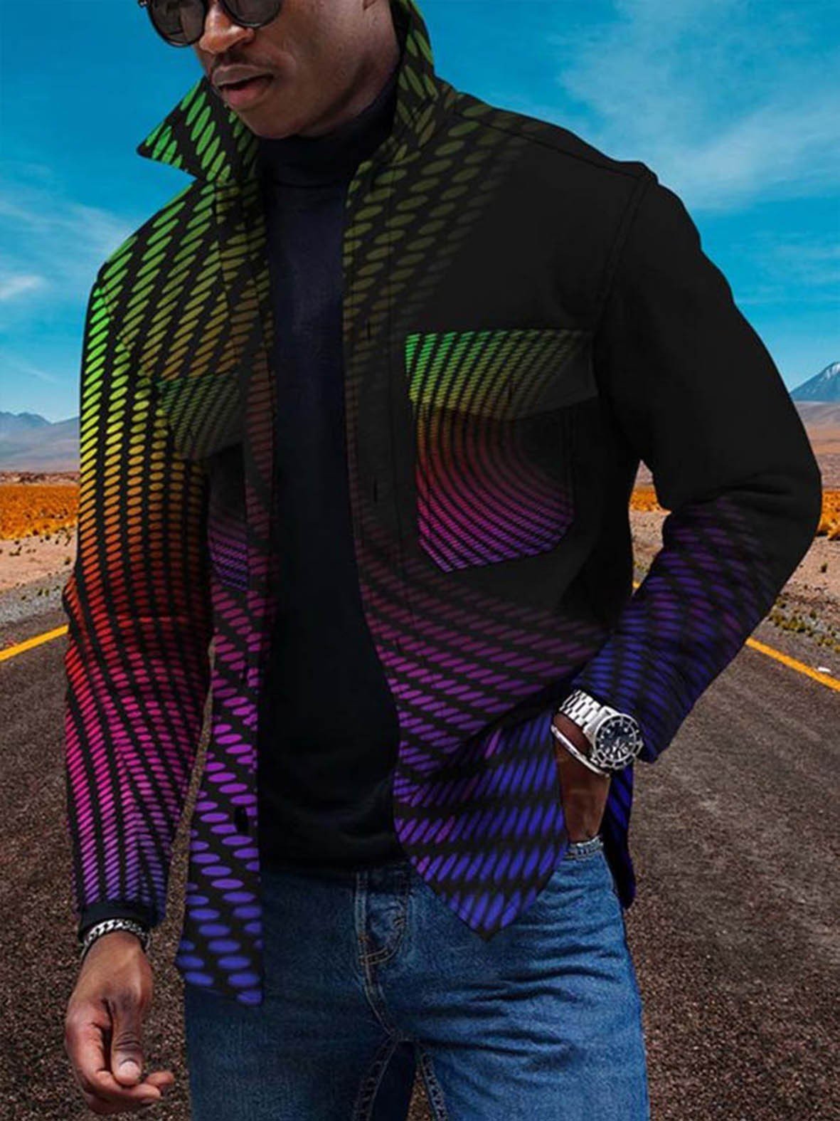 New Colorful Gradual Change 3D Button Cardigan Digital Print Coat