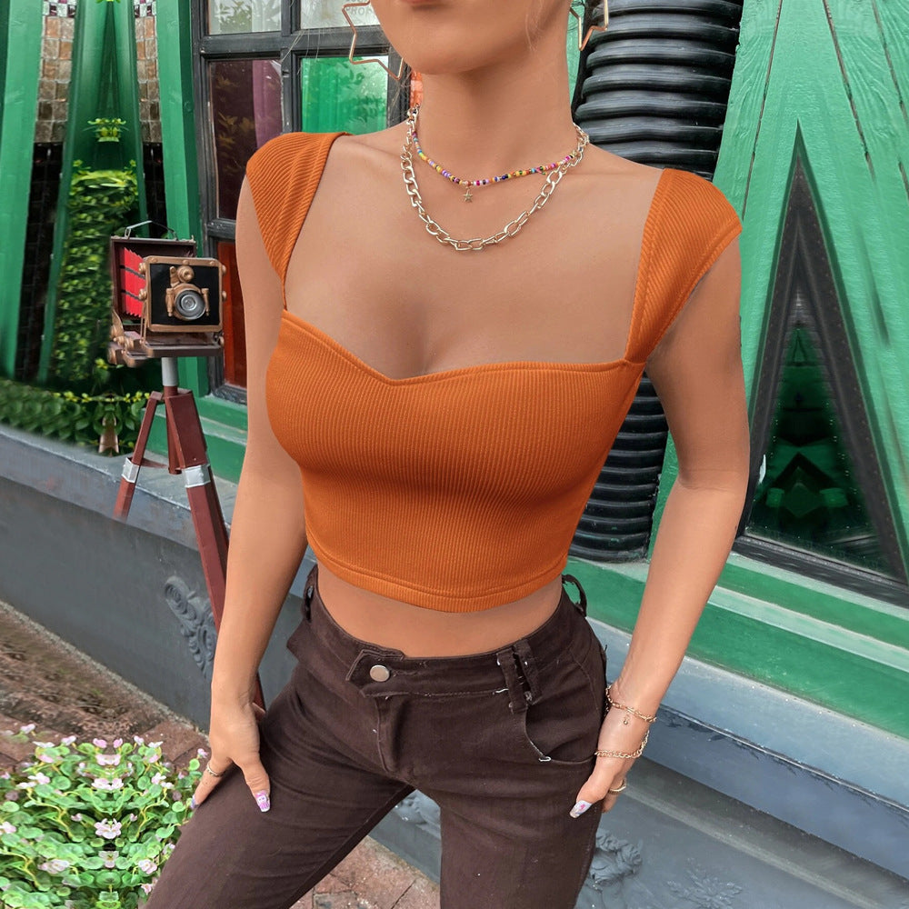 Square Neck Ultra Short Sleeveless T-shirt Vest Top
