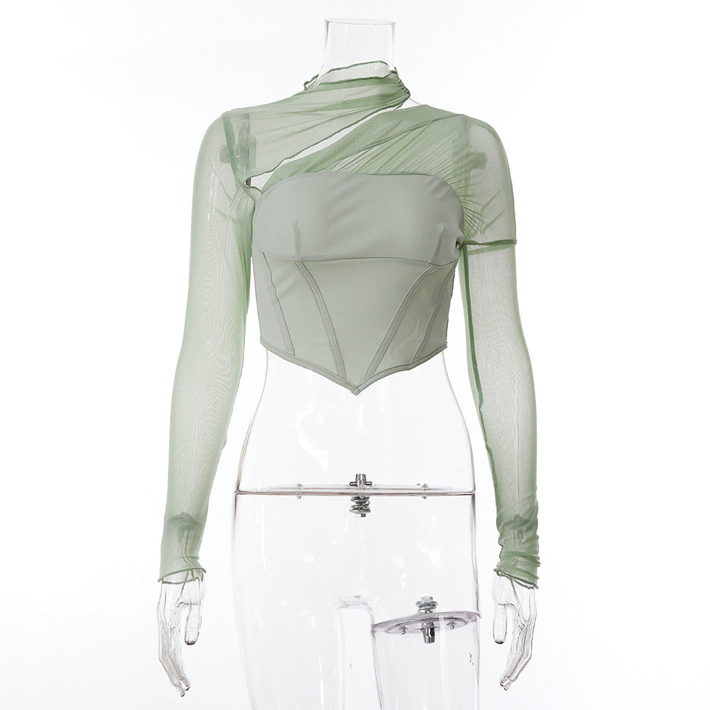 Europe And America's New Slim Fitting T-shirt Women's Mesh Splicing Hollow