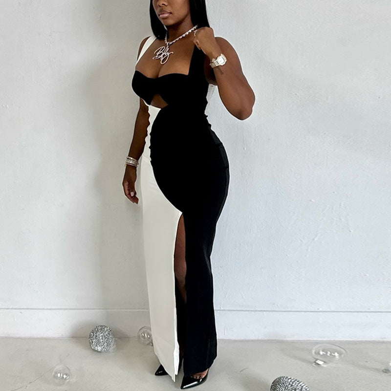 Women's Wear Black And White Color Matching Backless Slip Dress Pleated Sleeveless Collarless Split Length Dress