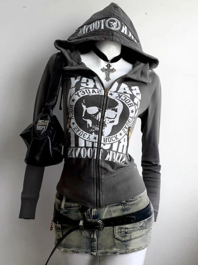 Autumn And Winter Hooded Long-sleeve Zipper Skull Letter Print Sweatshirt