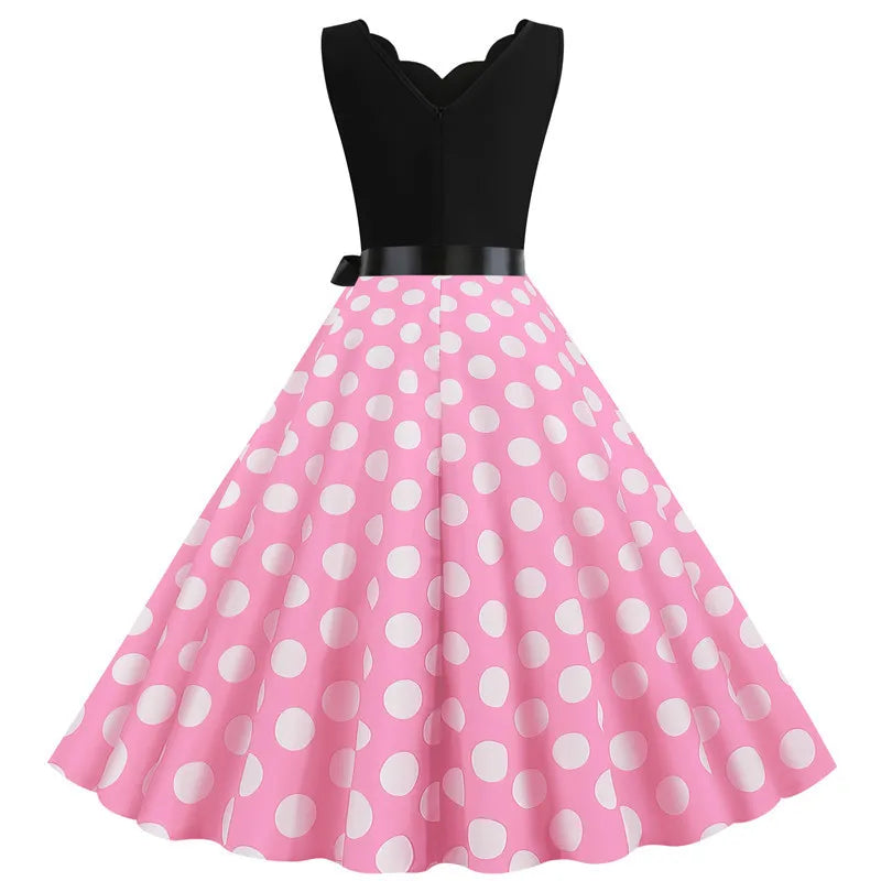 Women Retro Summer Dresses 50s 60s Sleeveless V-neck Polka Dot Bow Ball Grown Party Sundress Robe Vestidos