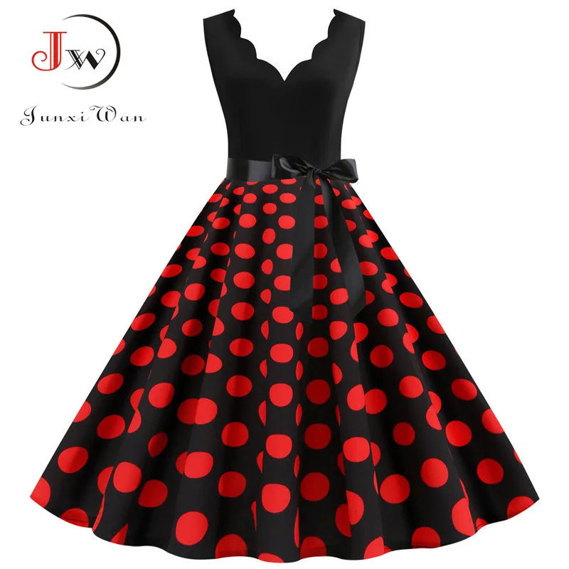 Women Retro Summer Dresses 50s 60s Sleeveless V-neck Polka Dot Bow Ball Grown Party Sundress Robe Vestidos