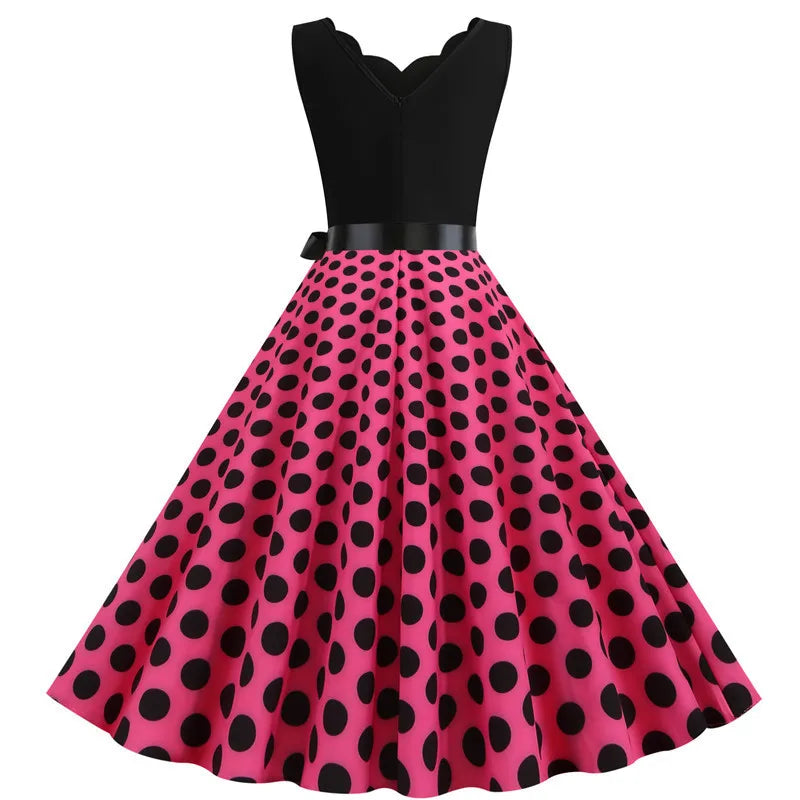 Women Retro Summer Dresses 50s 60s Sleeveless V-neck Polka Dot Bow Ball Grown Party Sundress Robe Vestidos