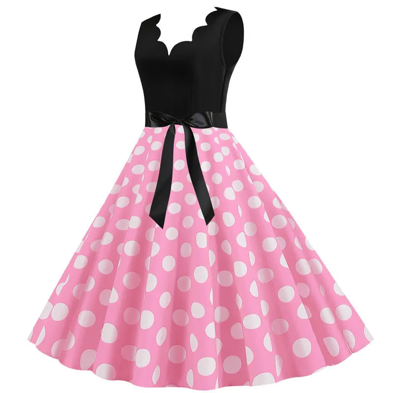 Women Retro Summer Dresses 50s 60s Sleeveless V-neck Polka Dot Bow Ball Grown Party Sundress Robe Vestidos