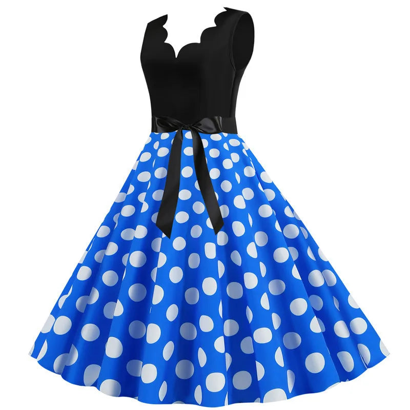 Women Retro Summer Dresses 50s 60s Sleeveless V-neck Polka Dot Bow Ball Grown Party Sundress Robe Vestidos