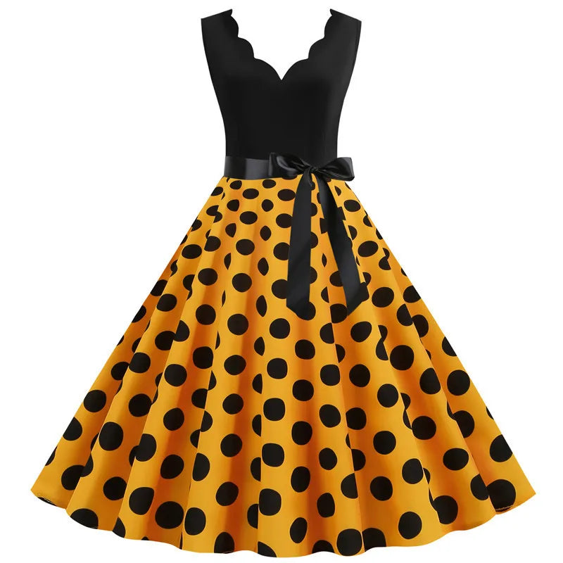Women Retro Summer Dresses 50s 60s Sleeveless V-neck Polka Dot Bow Ball Grown Party Sundress Robe Vestidos