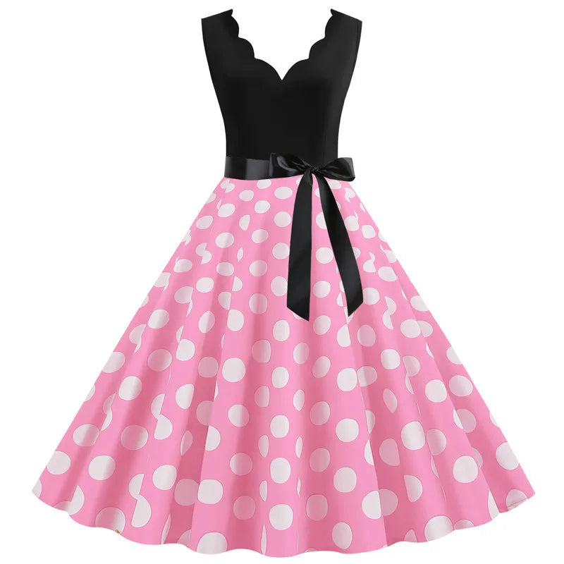 Women Retro Summer Dresses 50s 60s Sleeveless V-neck Polka Dot Bow Ball Grown Party Sundress Robe Vestidos