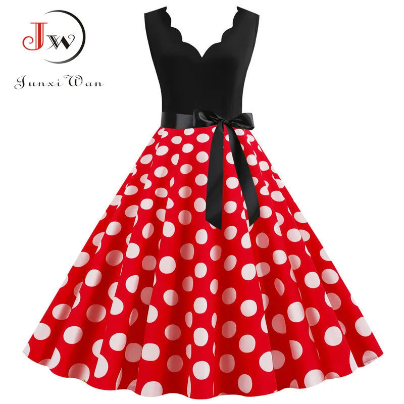 Women Retro Summer Dresses 50s 60s Sleeveless V-neck Polka Dot Bow Ball Grown Party Sundress Robe Vestidos