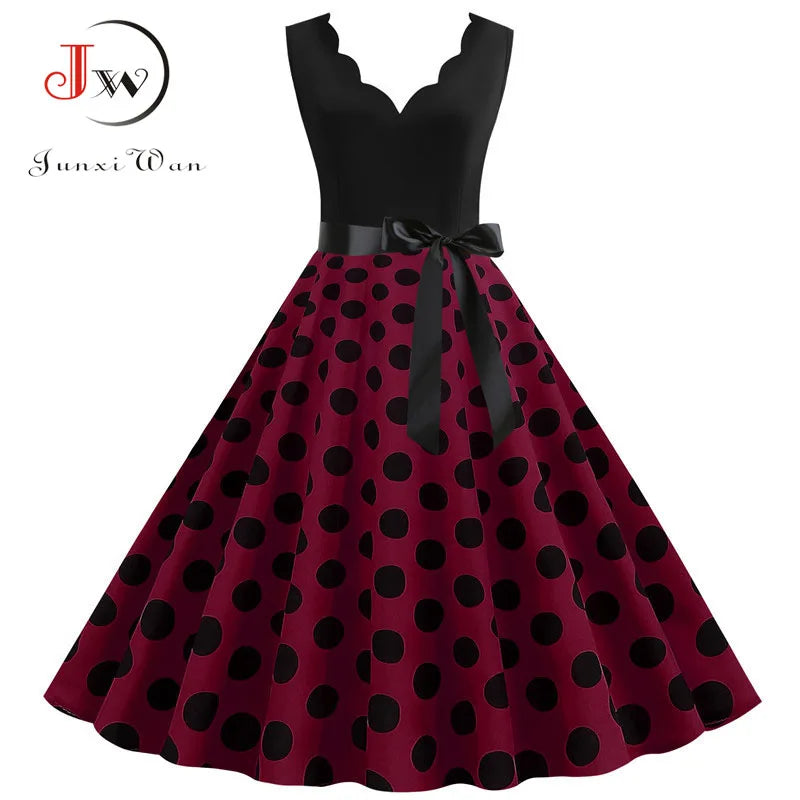 Women Retro Summer Dresses 50s 60s Sleeveless V-neck Polka Dot Bow Ball Grown Party Sundress Robe Vestidos