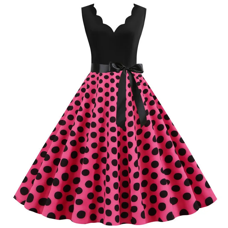 Women Retro Summer Dresses 50s 60s Sleeveless V-neck Polka Dot Bow Ball Grown Party Sundress Robe Vestidos
