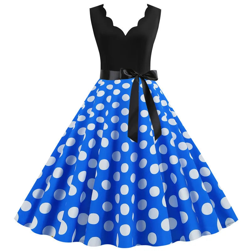 Women Retro Summer Dresses 50s 60s Sleeveless V-neck Polka Dot Bow Ball Grown Party Sundress Robe Vestidos