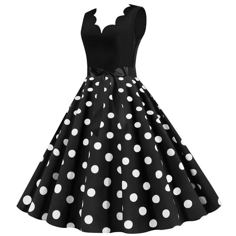 Women Retro Summer Dresses 50s 60s Sleeveless V-neck Polka Dot Bow Ball Grown Party Sundress Robe Vestidos