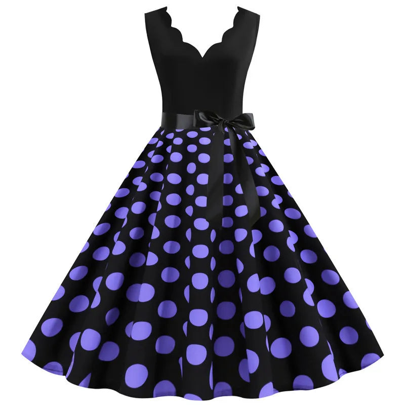 Women Retro Summer Dresses 50s 60s Sleeveless V-neck Polka Dot Bow Ball Grown Party Sundress Robe Vestidos