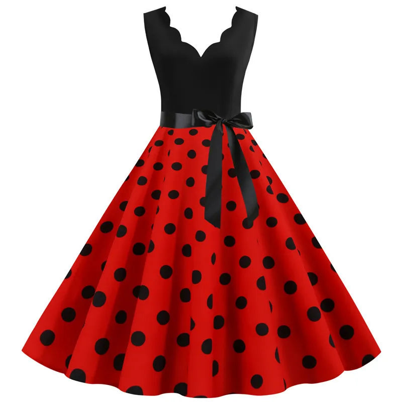 Women Retro Summer Dresses 50s 60s Sleeveless V-neck Polka Dot Bow Ball Grown Party Sundress Robe Vestidos