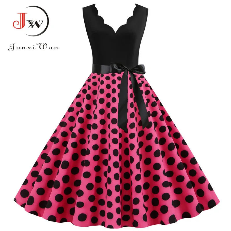 Women Retro Summer Dresses 50s 60s Sleeveless V-neck Polka Dot Bow Ball Grown Party Sundress Robe Vestidos