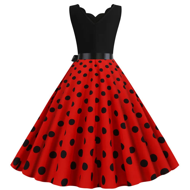 Women Retro Summer Dresses 50s 60s Sleeveless V-neck Polka Dot Bow Ball Grown Party Sundress Robe Vestidos