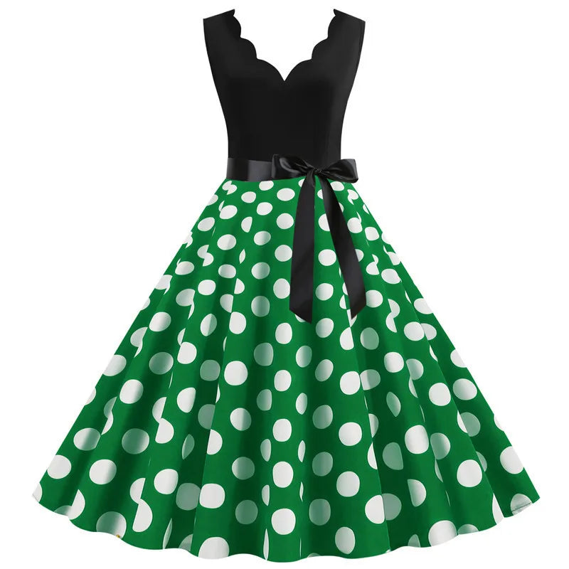 Women Retro Summer Dresses 50s 60s Sleeveless V-neck Polka Dot Bow Ball Grown Party Sundress Robe Vestidos