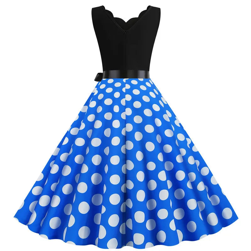 Women Retro Summer Dresses 50s 60s Sleeveless V-neck Polka Dot Bow Ball Grown Party Sundress Robe Vestidos