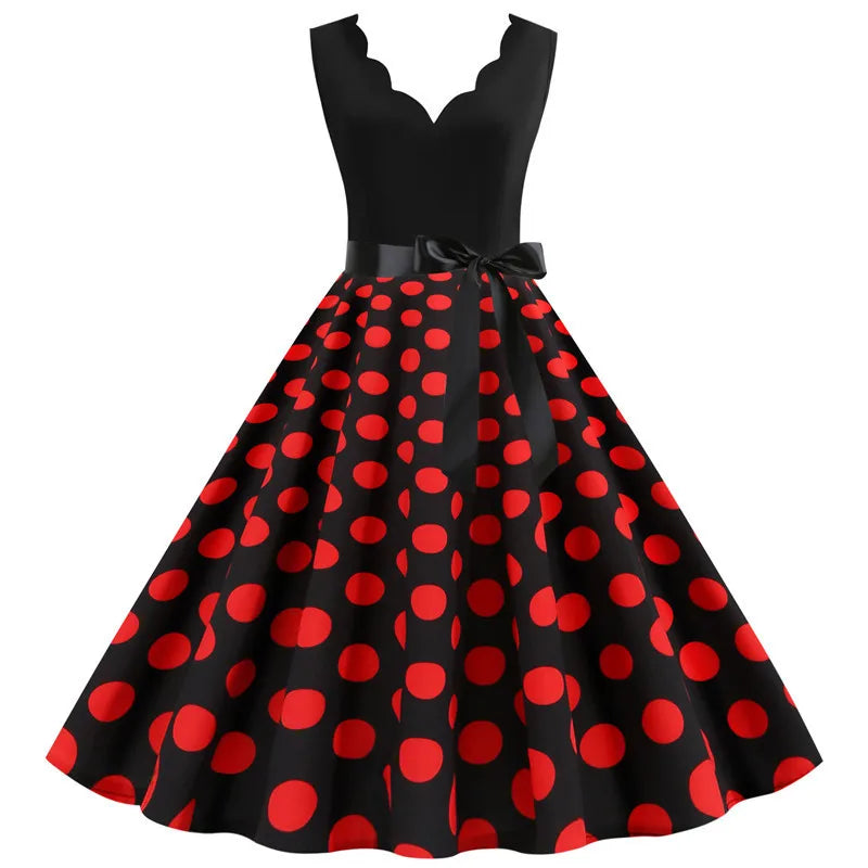 Women Retro Summer Dresses 50s 60s Sleeveless V-neck Polka Dot Bow Ball Grown Party Sundress Robe Vestidos