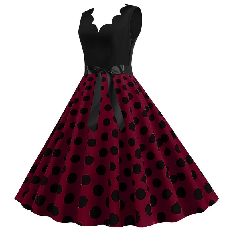 Women Retro Summer Dresses 50s 60s Sleeveless V-neck Polka Dot Bow Ball Grown Party Sundress Robe Vestidos