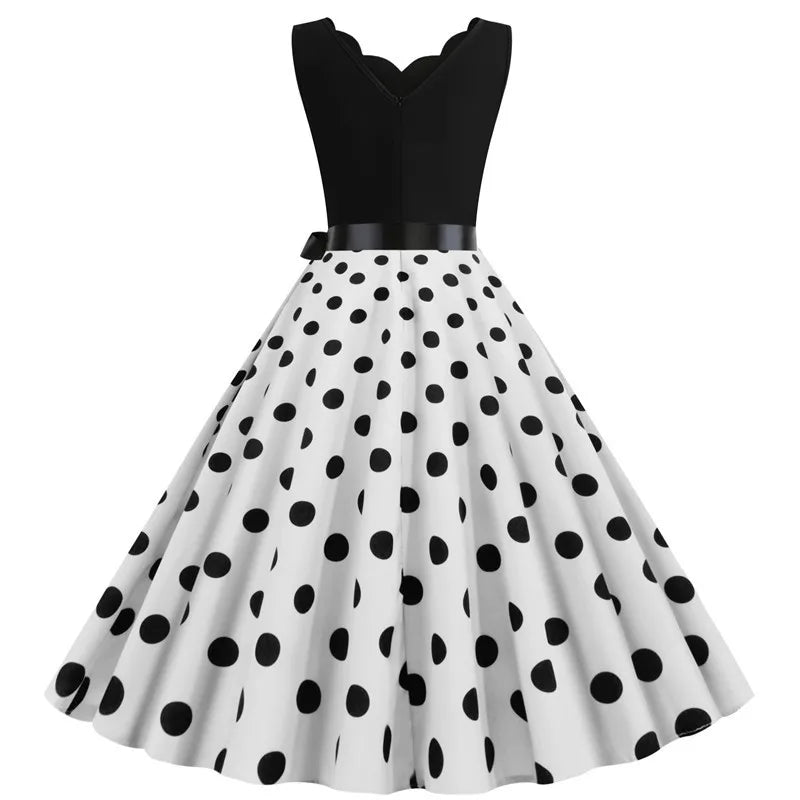 Women Retro Summer Dresses 50s 60s Sleeveless V-neck Polka Dot Bow Ball Grown Party Sundress Robe Vestidos