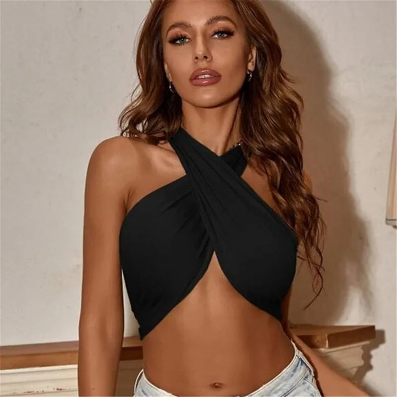 2024 Hot Sale Summer Chic Cropped Slim Streetwear Women's Bandage Halter Sexy Backless Crop Tops Black Tanks Tops Party Clubwear