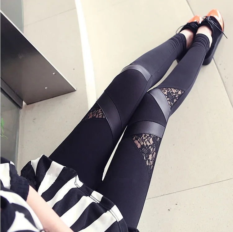 Spring Autumn Leather workout Leggings Hot Charming Warm Cheap Lace legins Sexy PU Leggins Skinny Stretch Splicing Pants