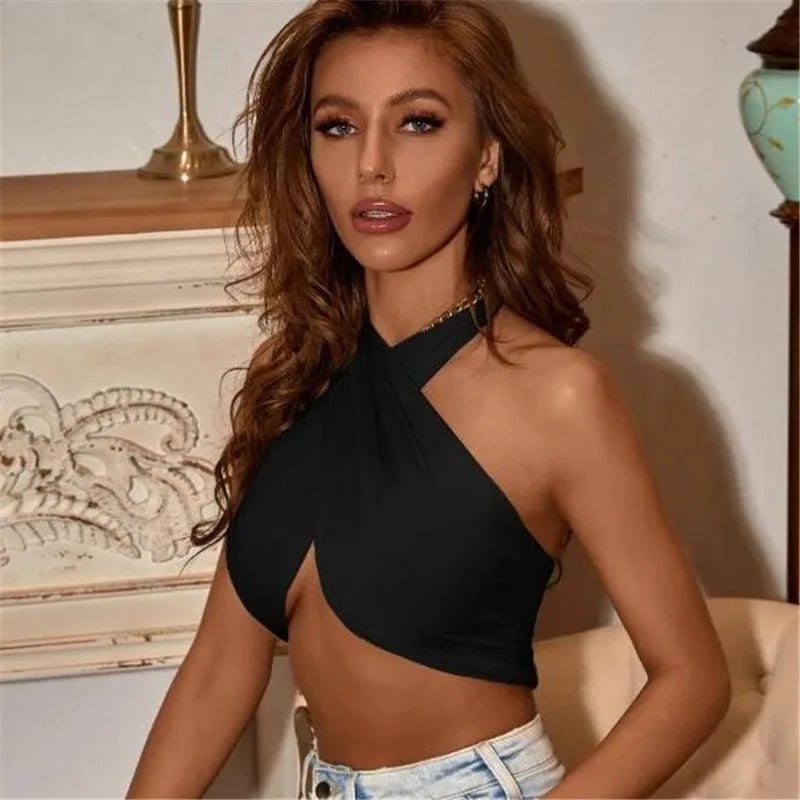2024 Hot Sale Summer Chic Cropped Slim Streetwear Women's Bandage Halter Sexy Backless Crop Tops Black Tanks Tops Party Clubwear