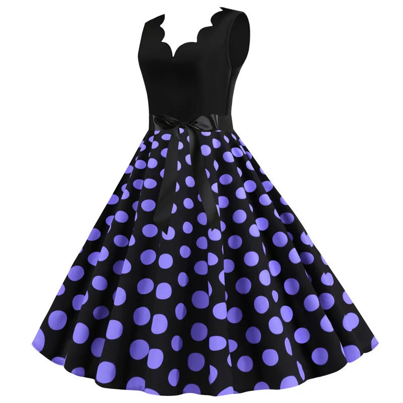 Women Retro Summer Dresses 50s 60s Sleeveless V-neck Polka Dot Bow Ball Grown Party Sundress Robe Vestidos