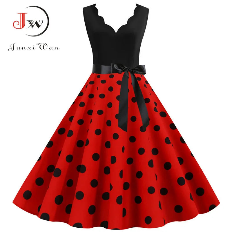 Women Retro Summer Dresses 50s 60s Sleeveless V-neck Polka Dot Bow Ball Grown Party Sundress Robe Vestidos