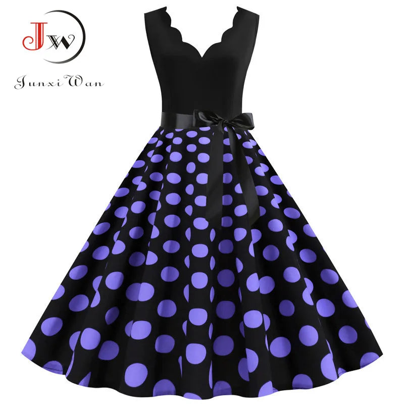 Women Retro Summer Dresses 50s 60s Sleeveless V-neck Polka Dot Bow Ball Grown Party Sundress Robe Vestidos