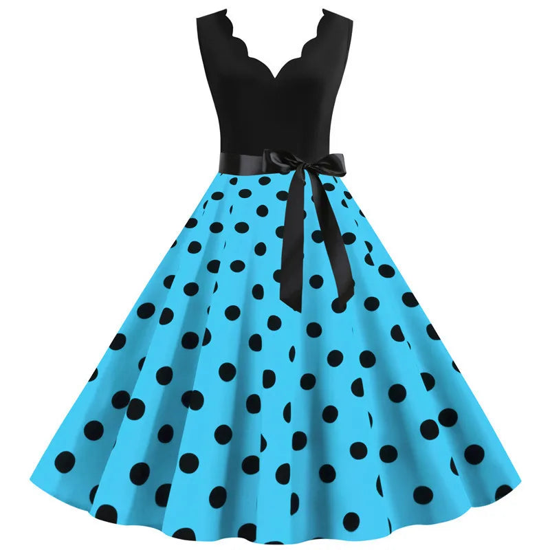 Women Retro Summer Dresses 50s 60s Sleeveless V-neck Polka Dot Bow Ball Grown Party Sundress Robe Vestidos