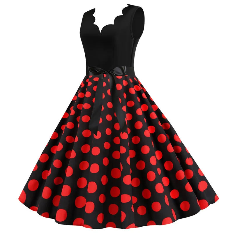 Women Retro Summer Dresses 50s 60s Sleeveless V-neck Polka Dot Bow Ball Grown Party Sundress Robe Vestidos