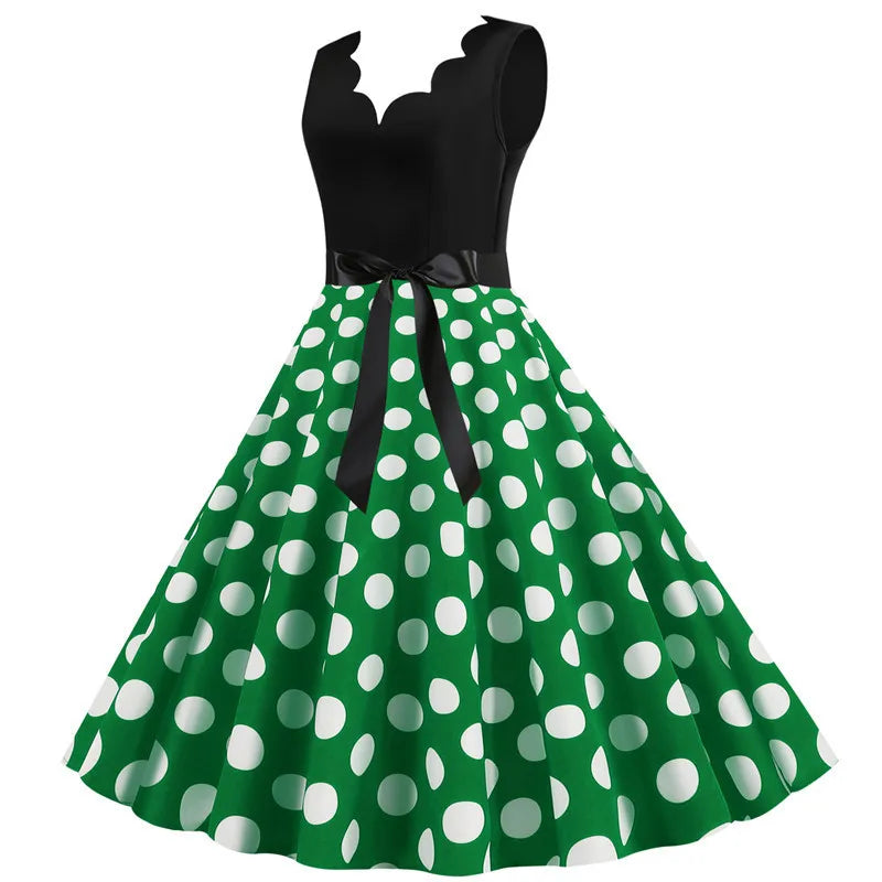 Women Retro Summer Dresses 50s 60s Sleeveless V-neck Polka Dot Bow Ball Grown Party Sundress Robe Vestidos