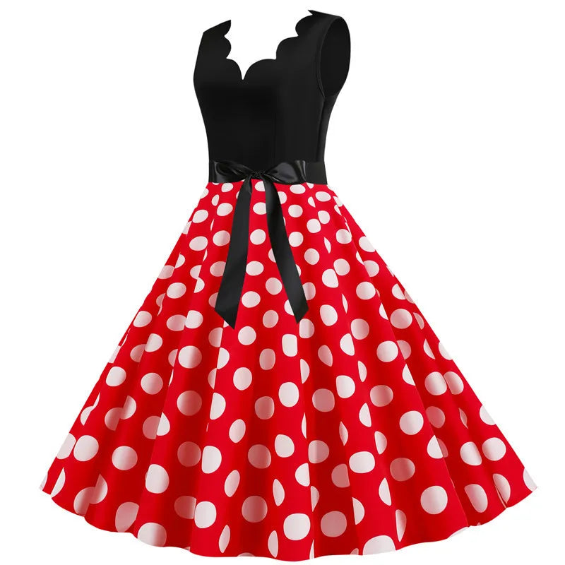 Women Retro Summer Dresses 50s 60s Sleeveless V-neck Polka Dot Bow Ball Grown Party Sundress Robe Vestidos