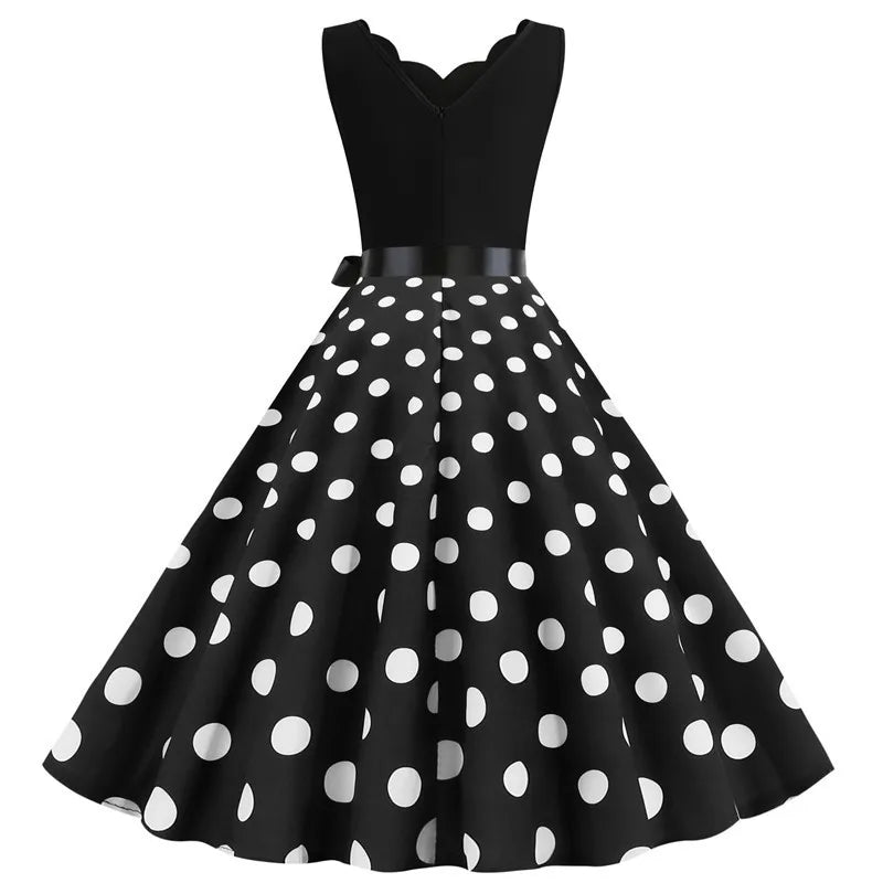 Women Retro Summer Dresses 50s 60s Sleeveless V-neck Polka Dot Bow Ball Grown Party Sundress Robe Vestidos