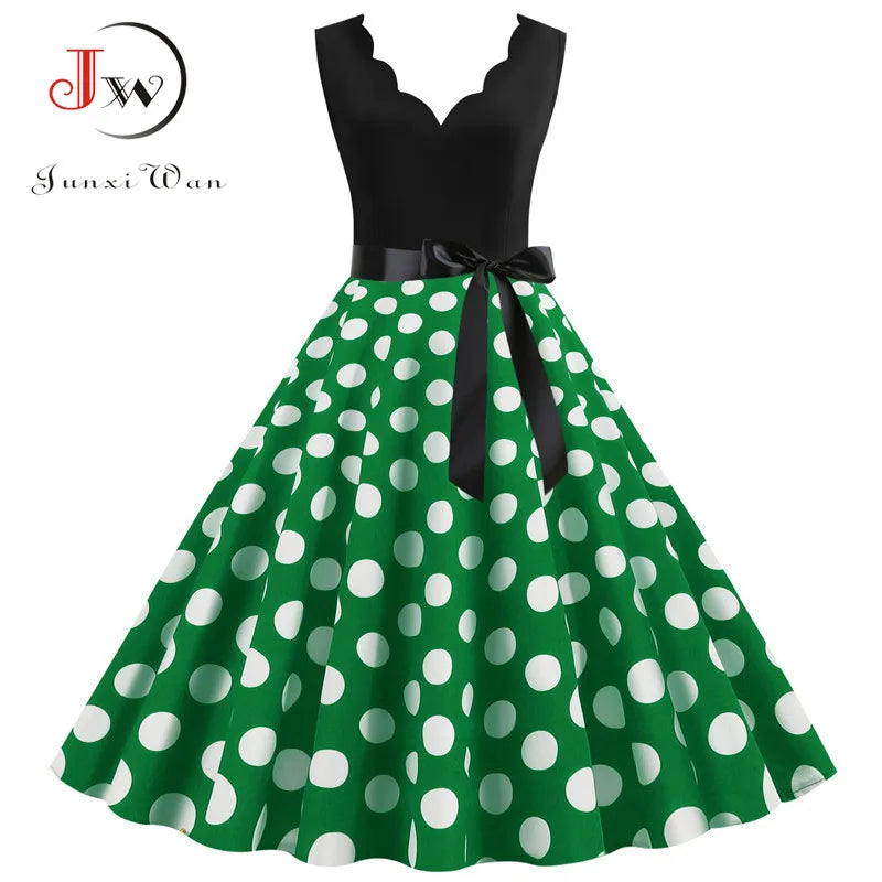Women Retro Summer Dresses 50s 60s Sleeveless V-neck Polka Dot Bow Ball Grown Party Sundress Robe Vestidos