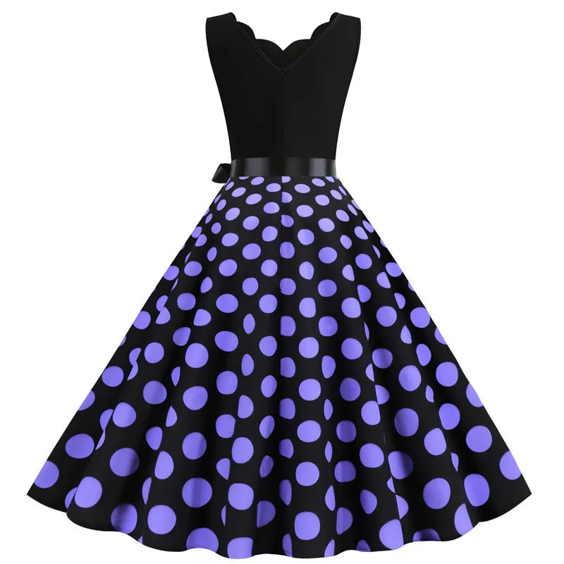 Women Retro Summer Dresses 50s 60s Sleeveless V-neck Polka Dot Bow Ball Grown Party Sundress Robe Vestidos