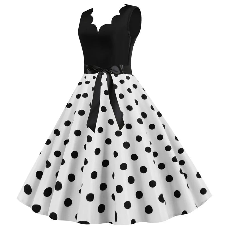 Women Retro Summer Dresses 50s 60s Sleeveless V-neck Polka Dot Bow Ball Grown Party Sundress Robe Vestidos