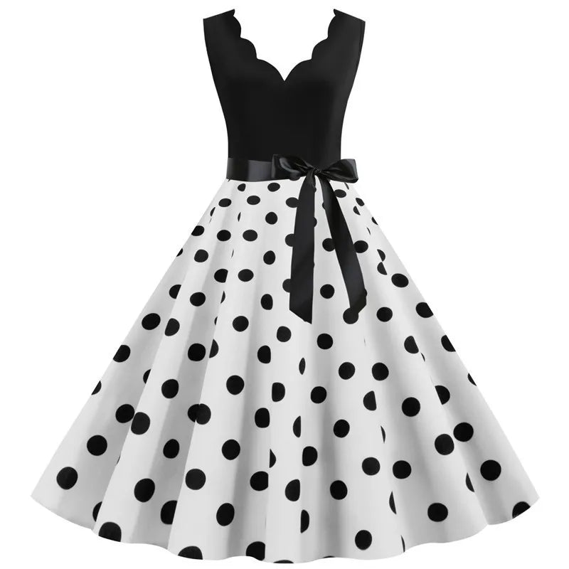 Women Retro Summer Dresses 50s 60s Sleeveless V-neck Polka Dot Bow Ball Grown Party Sundress Robe Vestidos