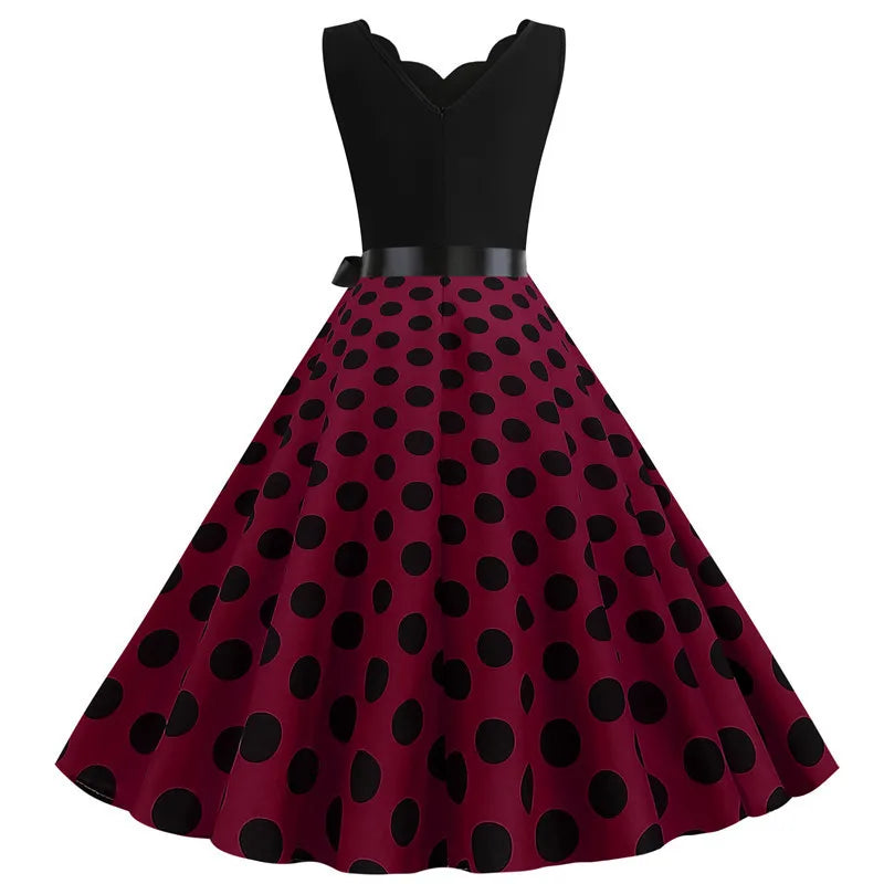 Women Retro Summer Dresses 50s 60s Sleeveless V-neck Polka Dot Bow Ball Grown Party Sundress Robe Vestidos